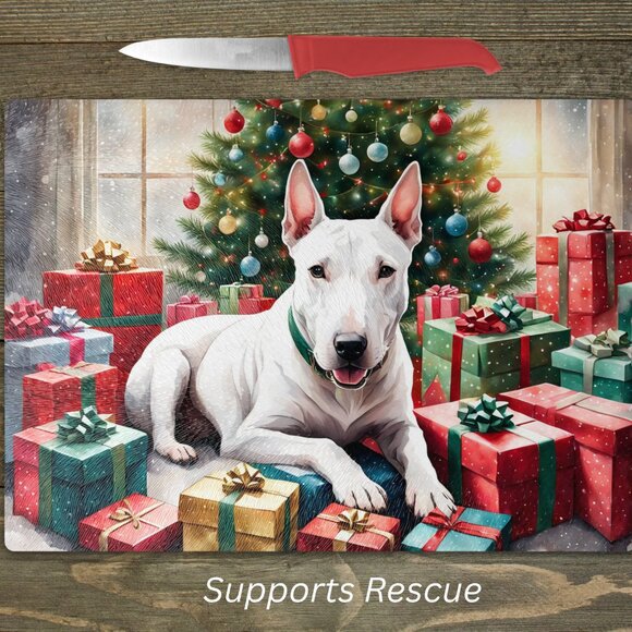 Christmas Bull Terrier Dog Kitchen Tempered Glass Cutting Board or Trivet - Picture 1 of 1